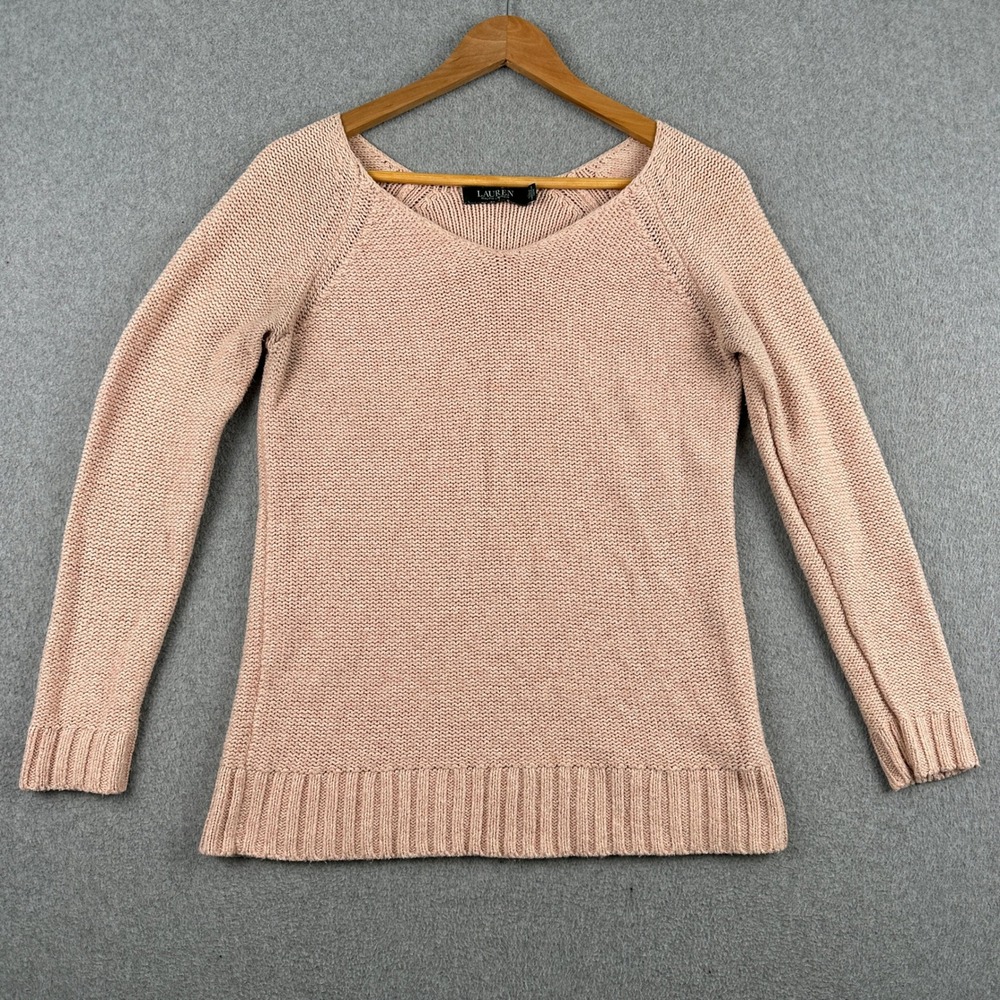 Lauren Ralph Lauren‎ Sweater Womens Medium Pink Knit V-Neck Pullover Raglan